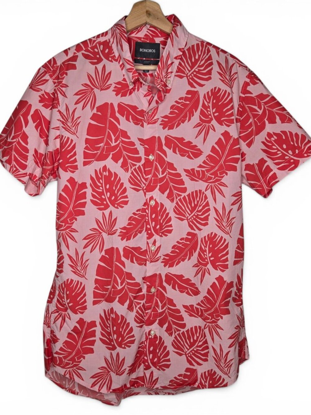 Bonobos Slim Fit Tropical Palm‎ Shirt Men Pink Allover Pattern Hawaiian Resort L